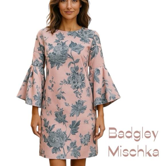 Badgley Mischka Powder Pink With Blue Floral Royal CastleCore Dress NWOT Size 6 - Picture 1 of 15
